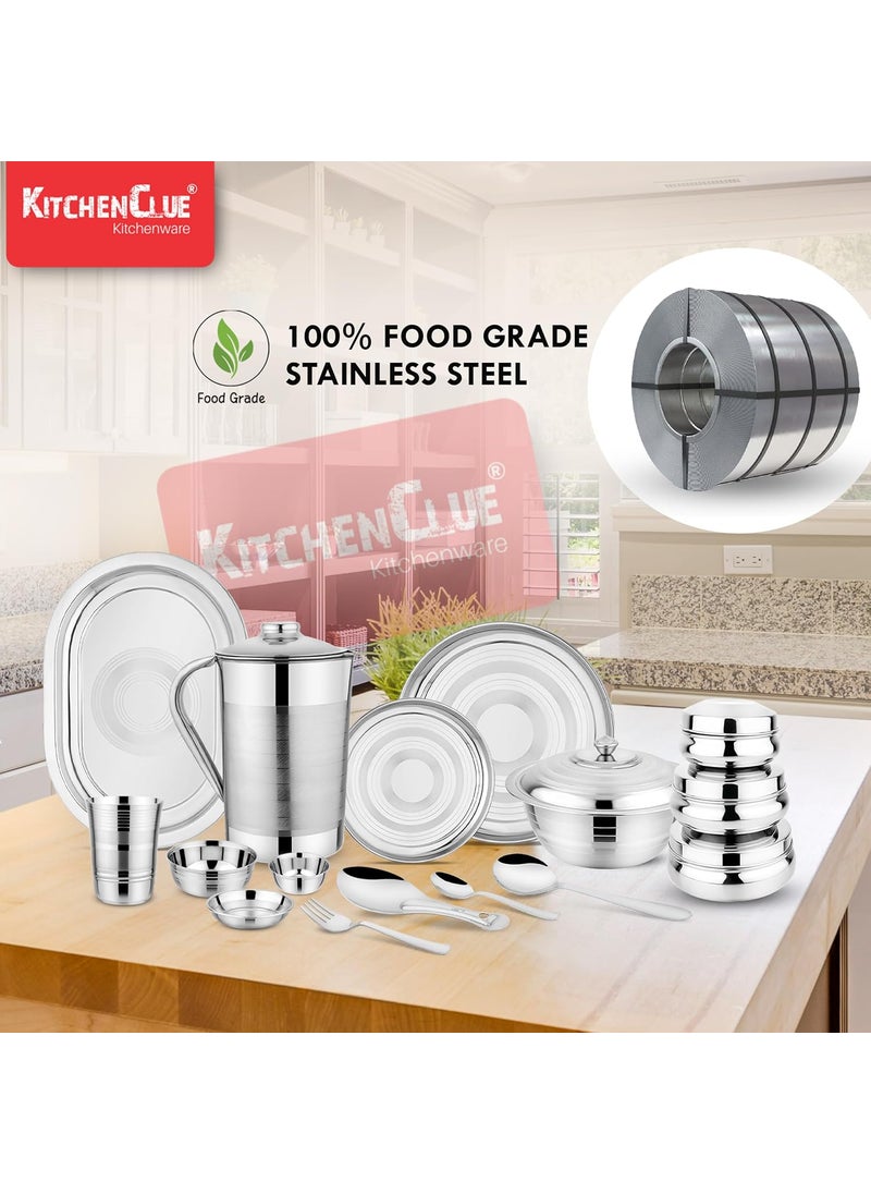 KITCHEN CLUE High Grade Quality Stainless Steel Vintage Collection Dinner Set of 61 pcs, (Silver); Beautifully Design with Permanent Silver Touch Finish.