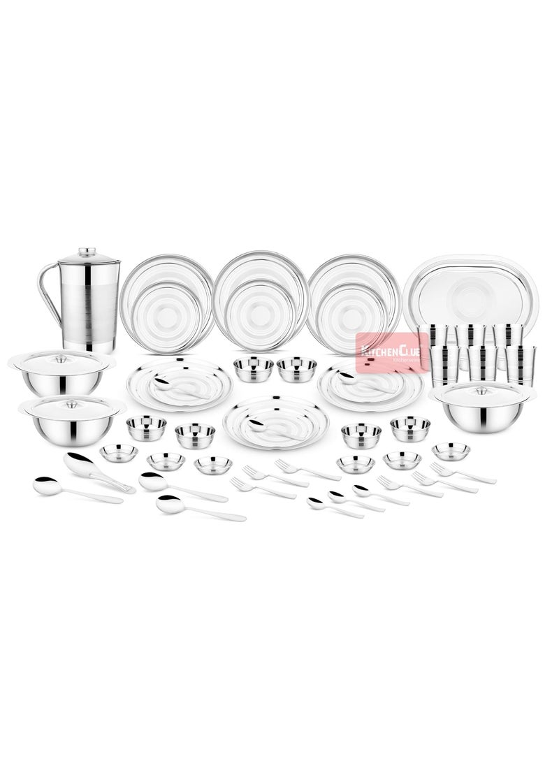 Kitchen Clue Stainless Steel Fine Quality Dinner Set for Kitchen 51 Pcs I 202-Grade Steel Dinnerware Set with Steel Water Jug I Kitchen Set for Home I Ideal for Gifting & Daily Use I Serves 6 People