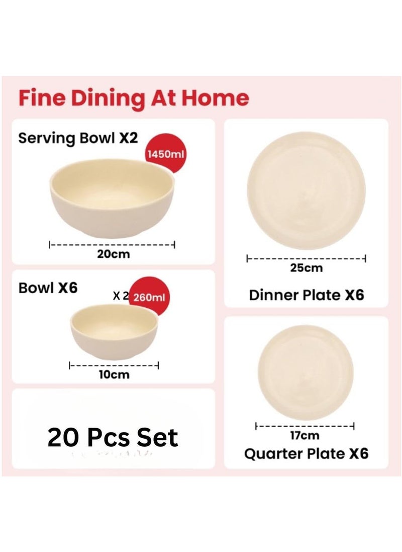 Homestic 20 Pcs Ceramic Dinner Set | Dishwasher & Microwave Safe | Crockery Set for Dining & Gifting | 6 Pcs Full Plates & 6 Pcs Half Plate & 2 Pcs Serving Bowl & 6 Pcs Bowl | Cream