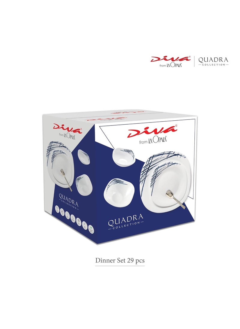 Diva La Opala, Quadra Collection, Opal Glass Floral Dinner Set 29 Pcs, Belladonna, White