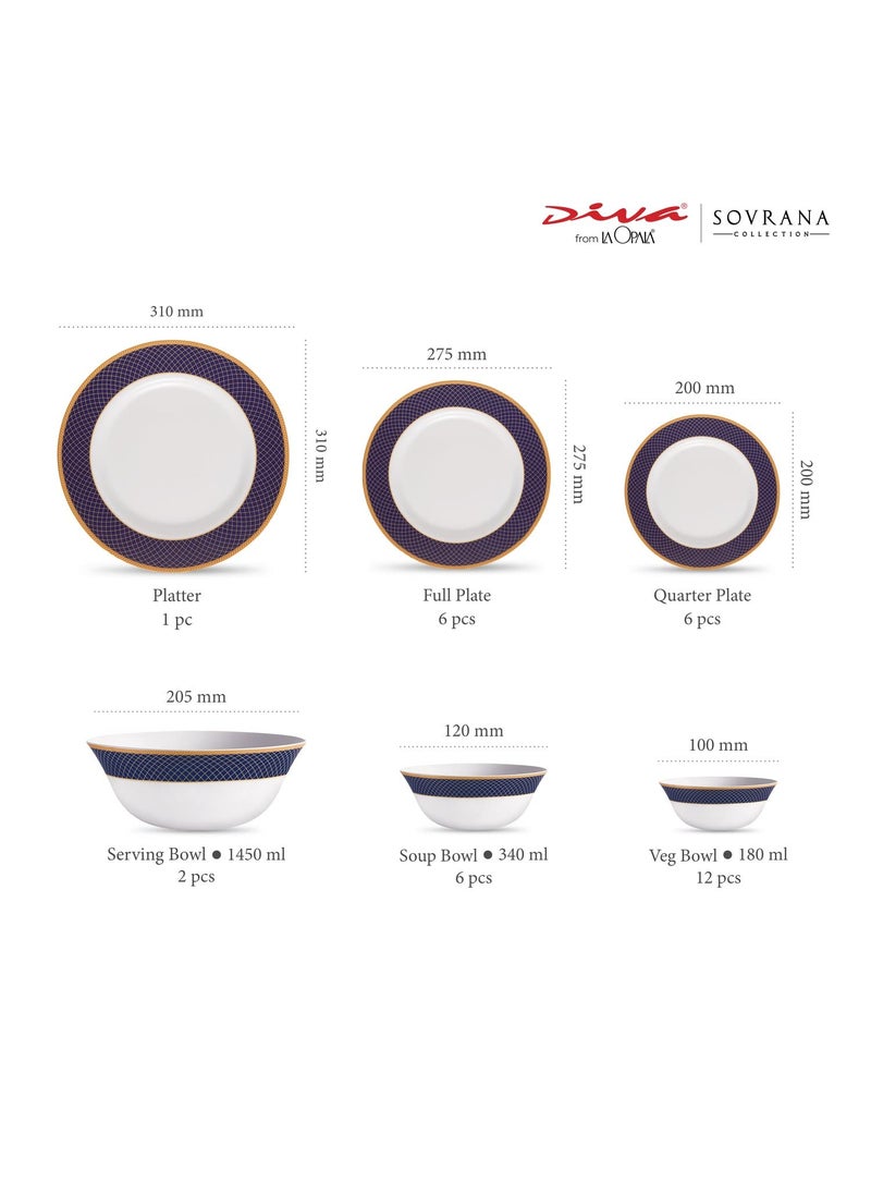 La Opala Diva Sovrana Collection Opal Glass Crockery | for Family of 6 | Dinner Set 33 pcs Regent Blue | Plates & Bowls for Dining | Microwave Safe | 100% Vegetarian | Extra Strong | Light & White