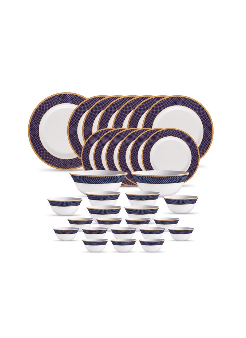 La Opala Diva Sovrana Collection Opal Glass Crockery | for Family of 6 | Dinner Set 33 pcs Regent Blue | Plates & Bowls for Dining | Microwave Safe | 100% Vegetarian | Extra Strong | Light & White