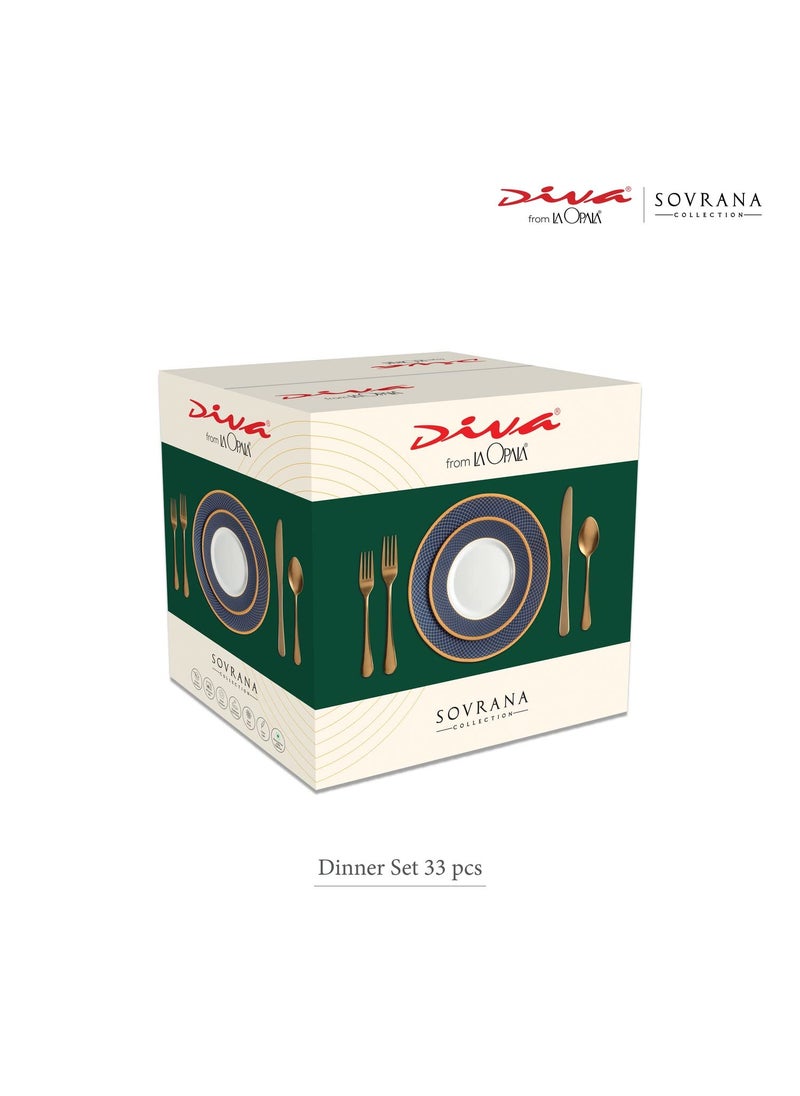 La Opala Diva Sovrana Collection Opal Glass Crockery | for Family of 6 | Dinner Set 33 pcs Regent Blue | Plates & Bowls for Dining | Microwave Safe | 100% Vegetarian | Extra Strong | Light & White