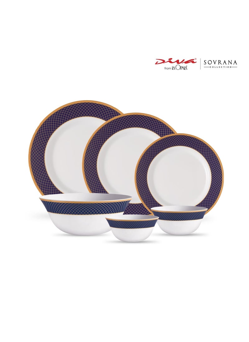 La Opala Diva Sovrana Collection Opal Glass Crockery | for Family of 6 | Dinner Set 33 pcs Regent Blue | Plates & Bowls for Dining | Microwave Safe | 100% Vegetarian | Extra Strong | Light & White
