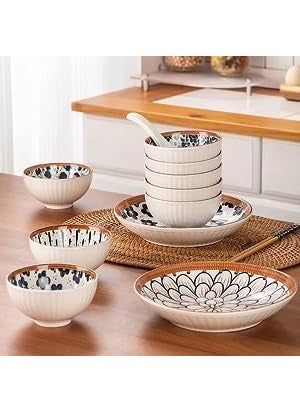 Eletree Ceramic Japanese Style Bowls Serving for Pasta,Salad,Noodle,Rice,Snack,Ice Cream,Soup,Dinner Colorful Kitchen Bowls Sets Beautiful Gift Box Packed (6 Plate+ 12 Bowl)