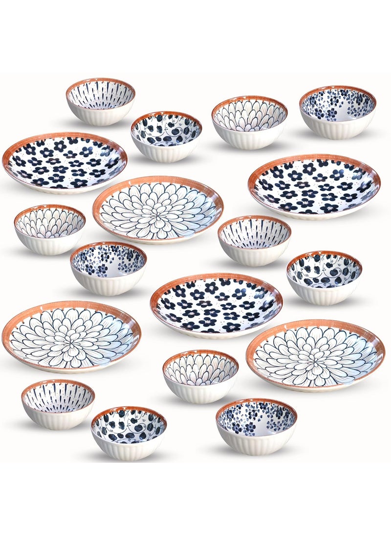 Eletree Ceramic Japanese Style Bowls Serving for Pasta,Salad,Noodle,Rice,Snack,Ice Cream,Soup,Dinner Colorful Kitchen Bowls Sets Beautiful Gift Box Packed (6 Plate+ 12 Bowl)