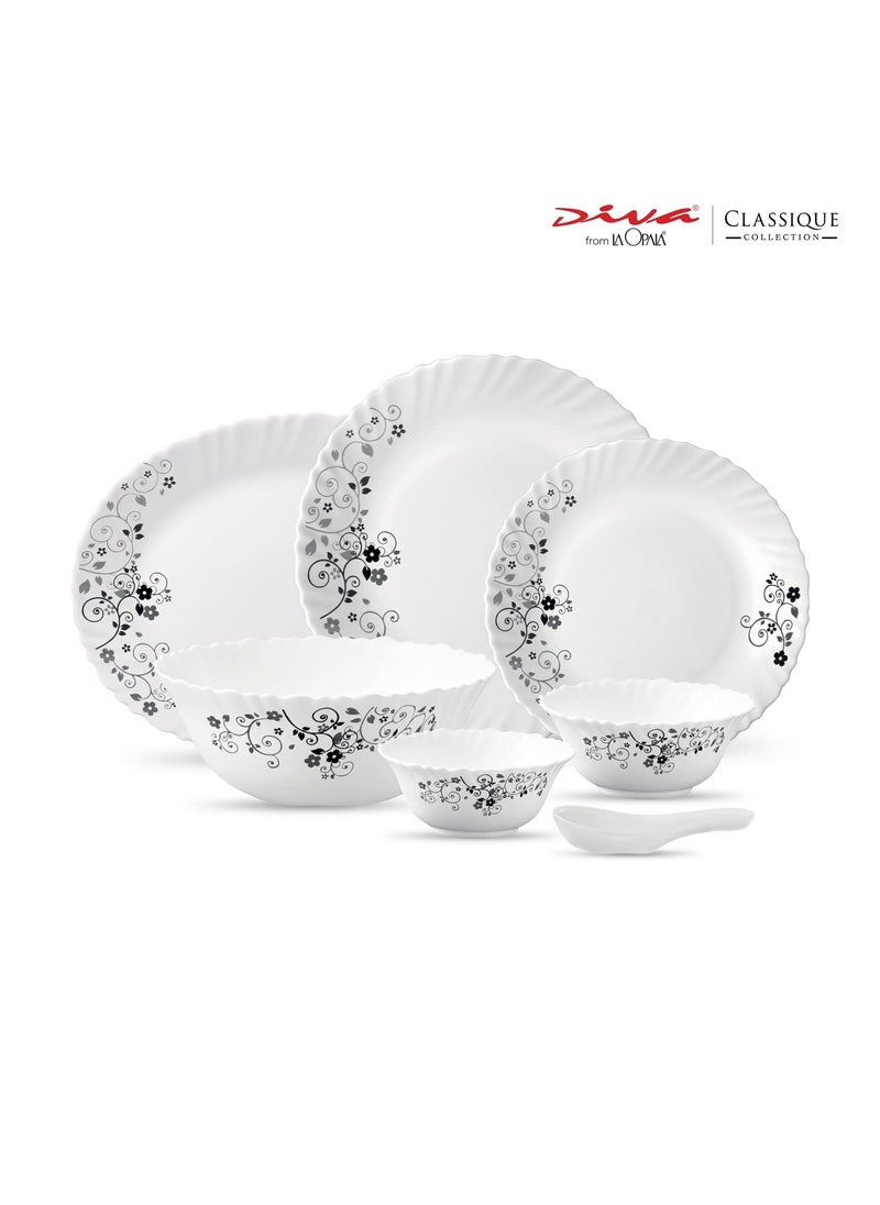 La Opala Diva, Classique Collection, Opal Glass Dinner Set 33 pcs, Mystrio Black, White