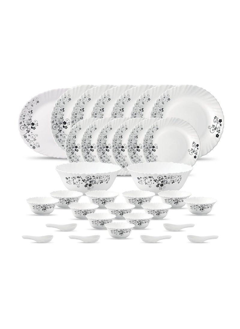 La Opala Diva, Classique Collection, Opal Glass Dinner Set 33 pcs, Mystrio Black, White
