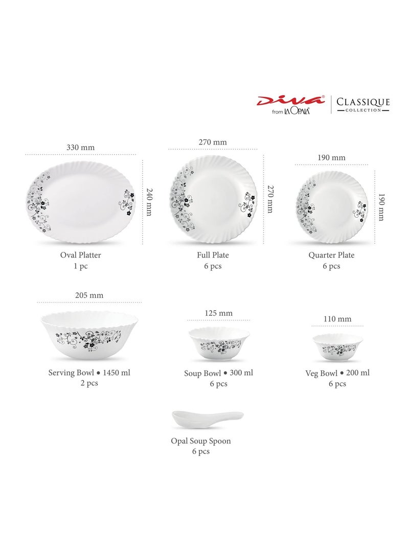 La Opala Diva, Classique Collection, Opal Glass Dinner Set 33 pcs, Mystrio Black, White