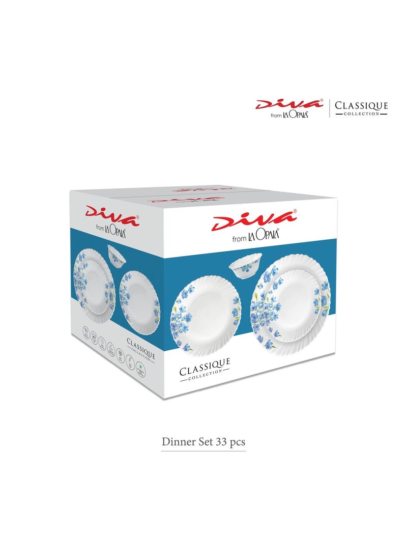 La Opala Diva, Classique Collection, Opal Glass Dinner Set 33 pcs, Mystrio Black, White