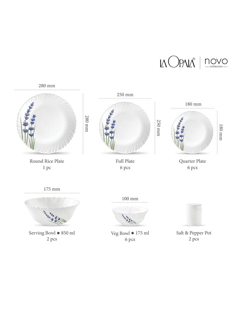 La Opala, Novo Collection, Opal Glass Dinner Set 23 pcs, English Lavender, White
