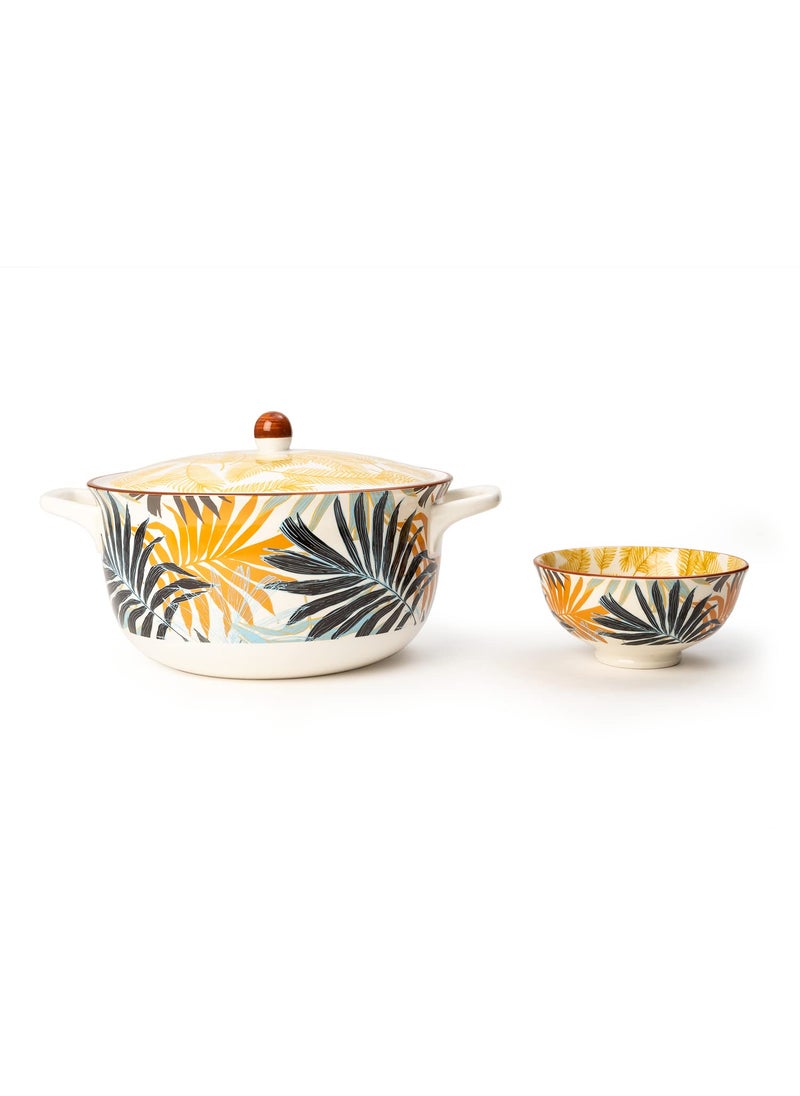 EZ Life Palm Leaf Styled 1 Casserol and 6 Pc - Bowls Set - Colourful - Dinnerware - Microwave Safe Serving Bowl with Glass Lid - 1 Set