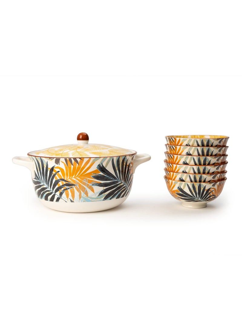 EZ Life Palm Leaf Styled 1 Casserol and 6 Pc - Bowls Set - Colourful - Dinnerware - Microwave Safe Serving Bowl with Glass Lid - 1 Set