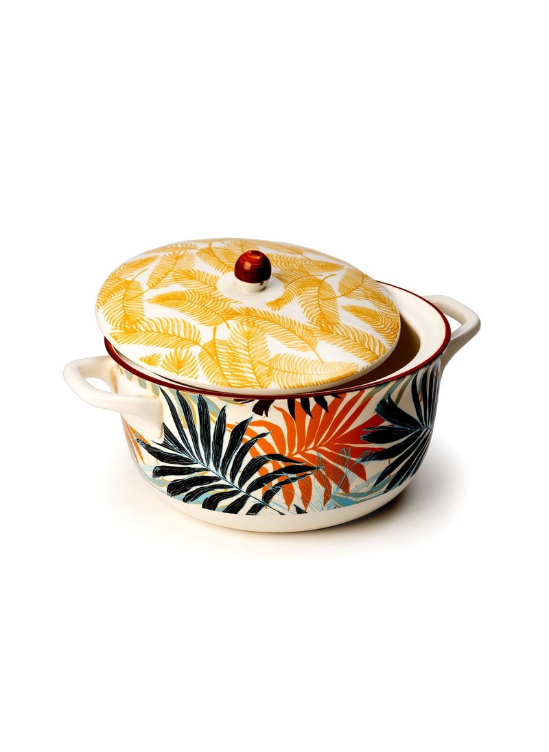 EZ Life Palm Leaf Styled 1 Casserol and 6 Pc - Bowls Set - Colourful - Dinnerware - Microwave Safe Serving Bowl with Glass Lid - 1 Set