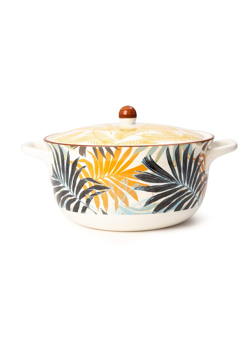 EZ Life Palm Leaf Styled 1 Casserol and 6 Pc - Bowls Set - Colourful - Dinnerware - Microwave Safe Serving Bowl with Glass Lid - 1 Set