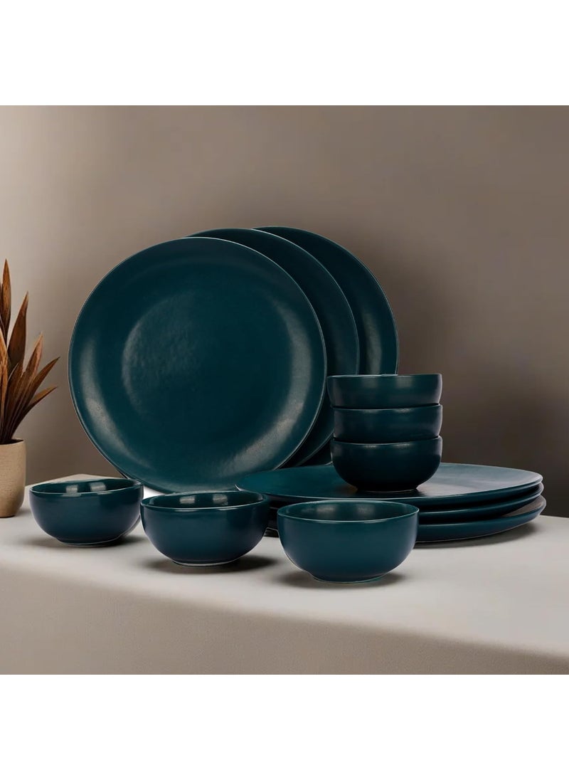 Homestic Ceramic 12 Pcs Round Unbreakable Microwave & Dishwasher Safe Dinnerware Kitchen Crockery Set | Matte Finish Dinner Sets & Kitchen Set for Home | Deep Green-Set-2T