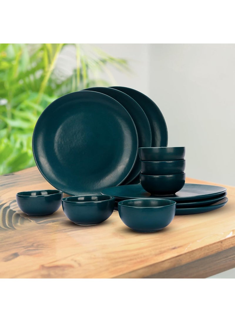 Homestic Ceramic 12 Pcs Round Unbreakable Microwave & Dishwasher Safe Dinnerware Kitchen Crockery Set | Matte Finish Dinner Sets & Kitchen Set for Home | Deep Green-Set-2T