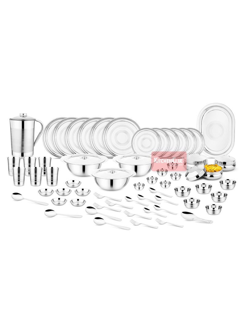 KITCHEN CLUE Stainless Steel Kitchen Dinner Set for Home (Set of 61 Pieces, Silver) Highly Durable & Sturdy 202 Grade Steel Shagun Set/Bhojan Thal Set - Ideal for Diwali Gifting