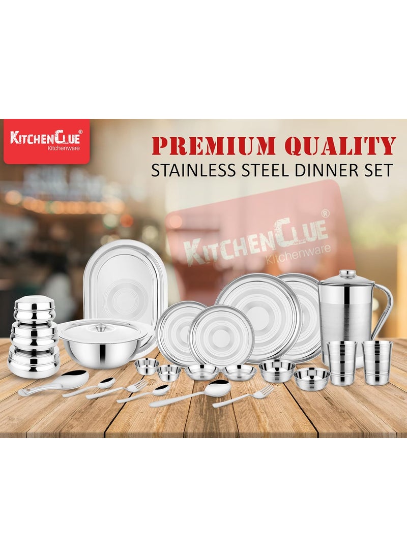 KITCHEN CLUE Stainless Steel Kitchen Dinner Set for Home (Set of 61 Pieces, Silver) Highly Durable & Sturdy 202 Grade Steel Shagun Set/Bhojan Thal Set - Ideal for Diwali Gifting