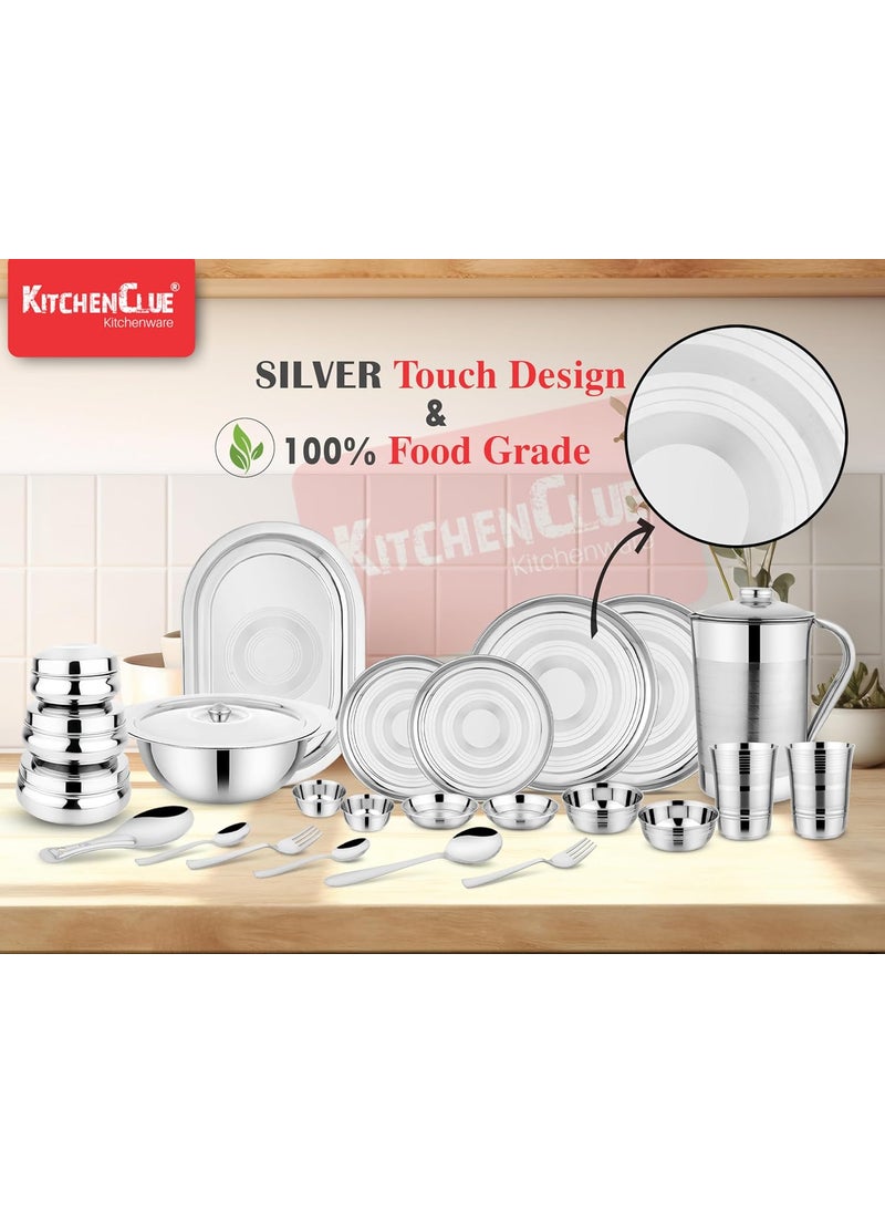 KITCHEN CLUE Stainless Steel Kitchen Dinner Set for Home (Set of 61 Pieces, Silver) Highly Durable & Sturdy 202 Grade Steel Shagun Set/Bhojan Thal Set - Ideal for Diwali Gifting
