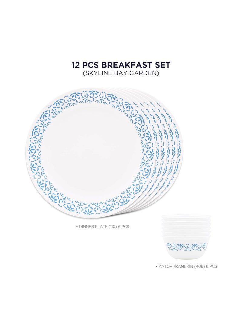 Corelle Skyline Bay Garden - 12 Pcs Breakfast Set | for Family of 6| Break & Chip Resistant | Lightweight & Durable | Microwave & Dishwasher Safe