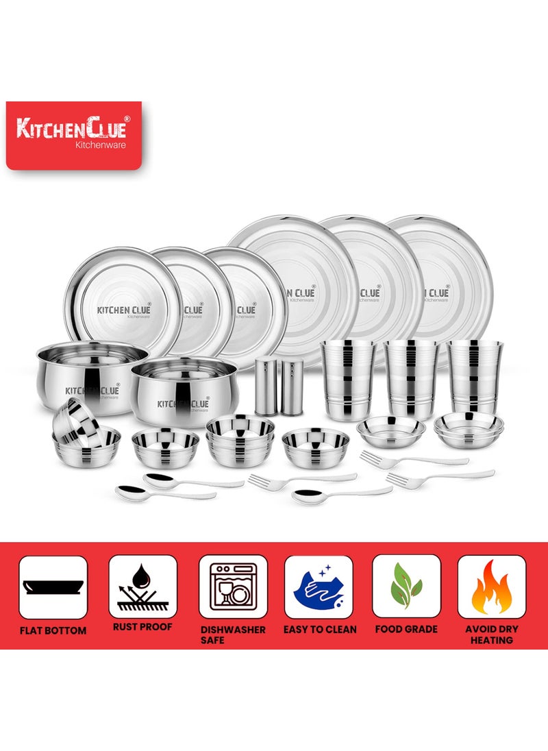 KITCHEN CLUE Premium Grade Quality Stainless Steel Dinner Set of 52 Pcs, Silver Touch Design - Attractive & Stylish Looks - Add Grace to Your Kitchen - Exclusive Kitchen Set for Home - Safe Durable