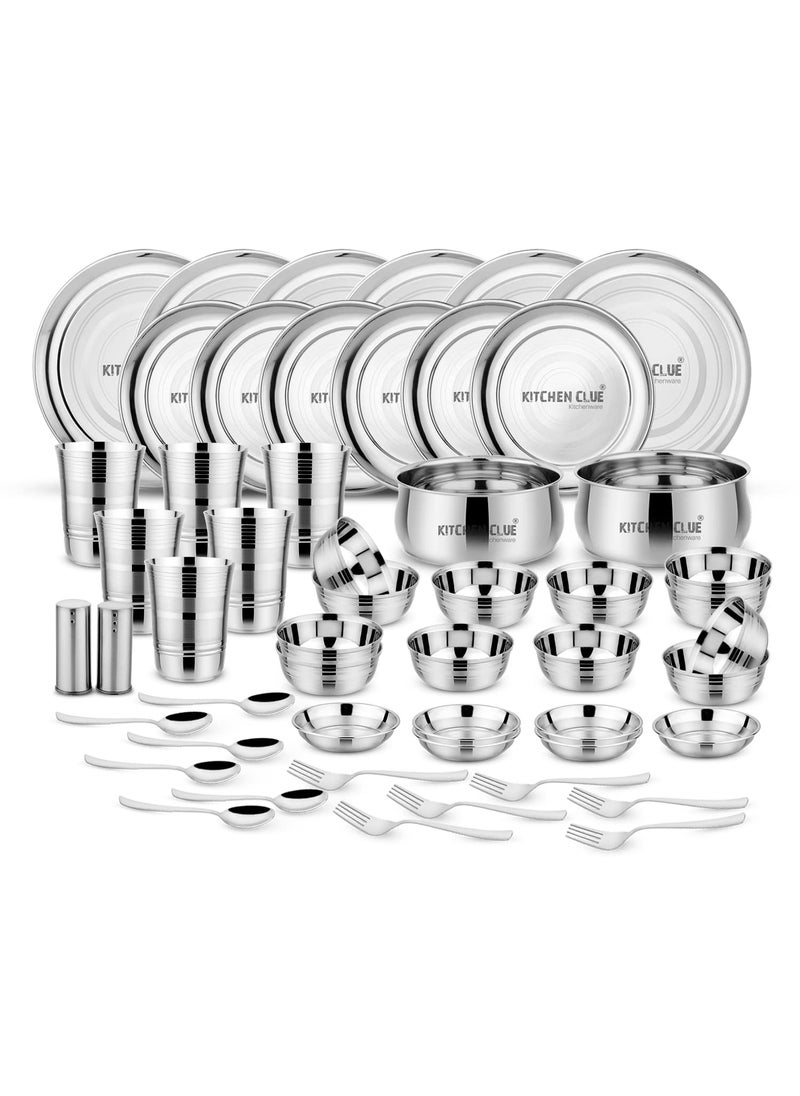 KITCHEN CLUE Premium Grade Quality Stainless Steel Dinner Set of 52 Pcs, Silver Touch Design - Attractive & Stylish Looks - Add Grace to Your Kitchen - Exclusive Kitchen Set for Home - Safe Durable