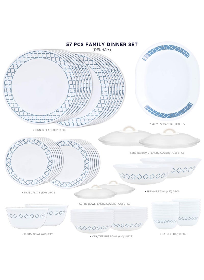 Corelle Denham Dinner Set - 57 Pcs | for Family of 12 | Break & Chip Resistant | Lightweight & Durable | Microwave & Dishwasher Safe