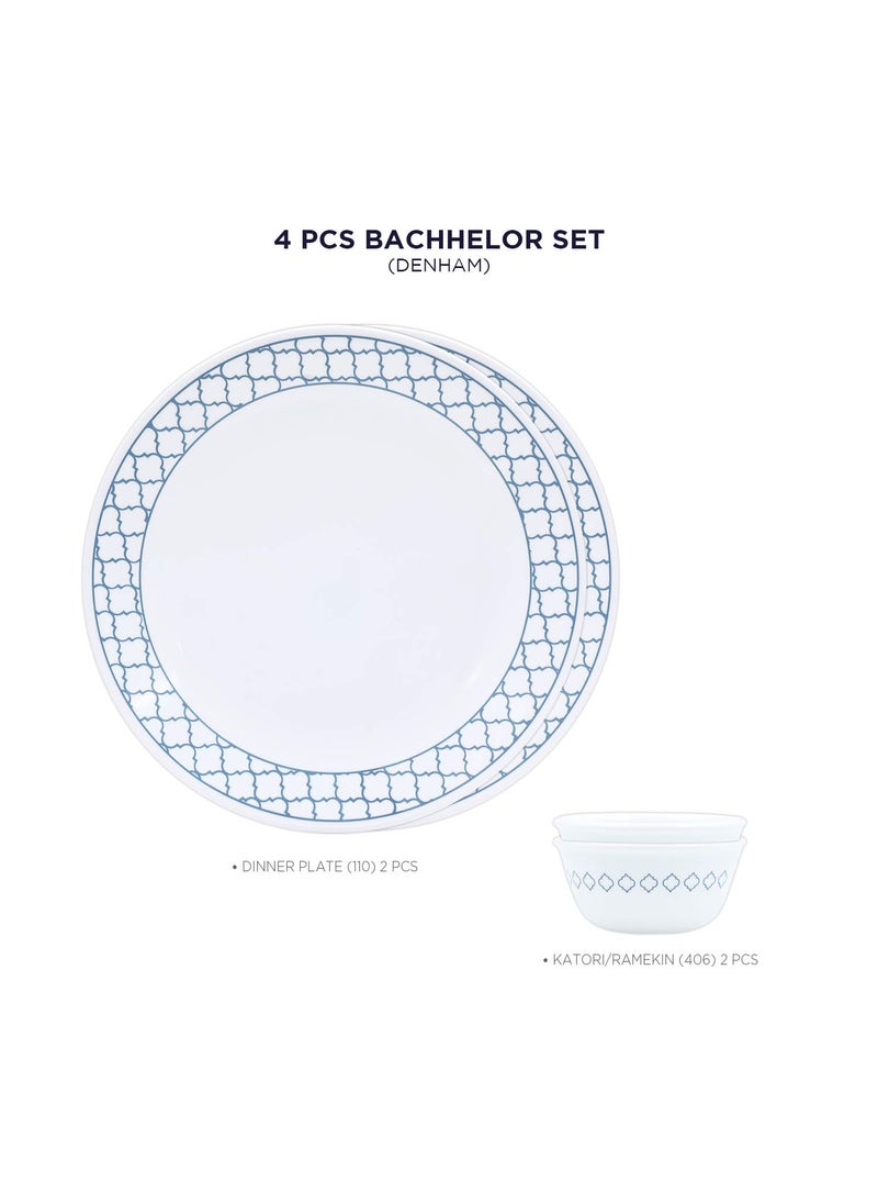 Corelle Denham Bachelor Set (K) - 4 Pcs | for Family of 2 | Break & Chip Resistant | Lightweight & Durable | Microwave & Dishwasher Safe