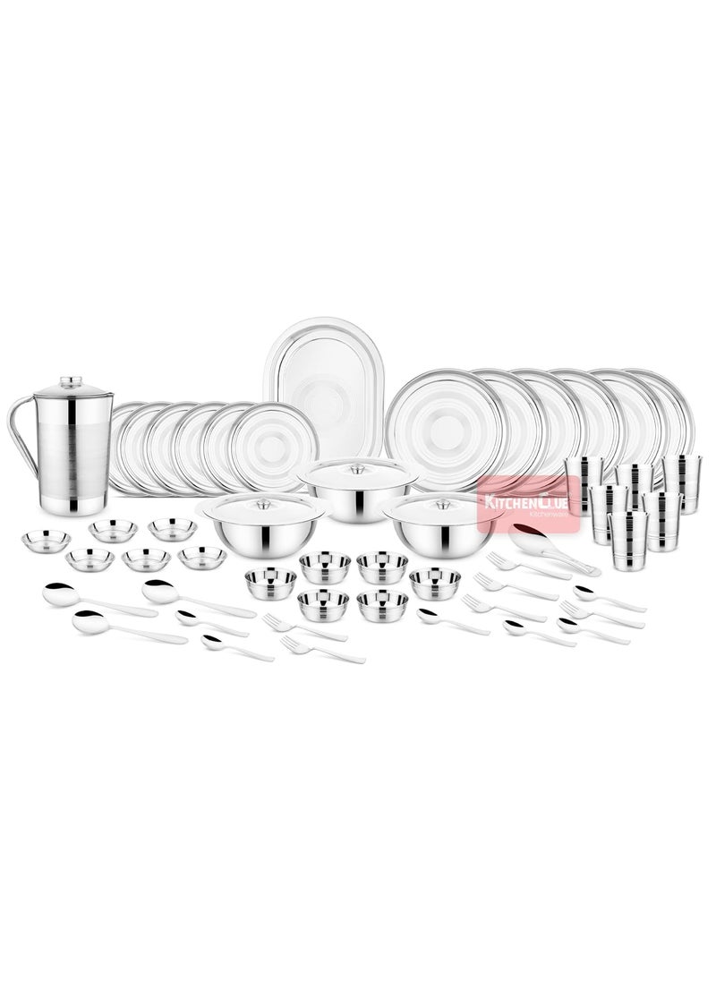 Kitchen Clue 202-Grade Quality Stainless Steel Dinner Set of 51 Pcs I Durable & Food Safe Steel Dinner Set I Unique Silver Ring Design On Dinner Plates, Steel Jug, Veg Bowls & Glass I Serves 6 People