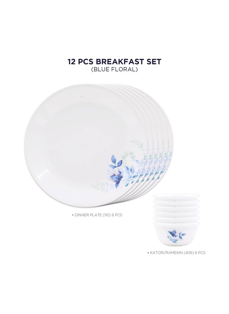 CORELLE Blue Floral Breakfast Set - 12 Pc | for Family of 6 | Break & Chip Resistant | Lightweight & Durable | Microwave & Dishwasher Safe