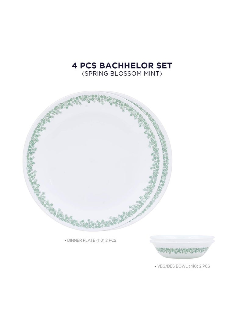 CORELLE Spring Blossom Mint - 4 Pcs Bachelor Set (VDB) | for Family of 2| Break & Chip Resistant | Lightweight & Durable | Microwave & Dishwasher Safe