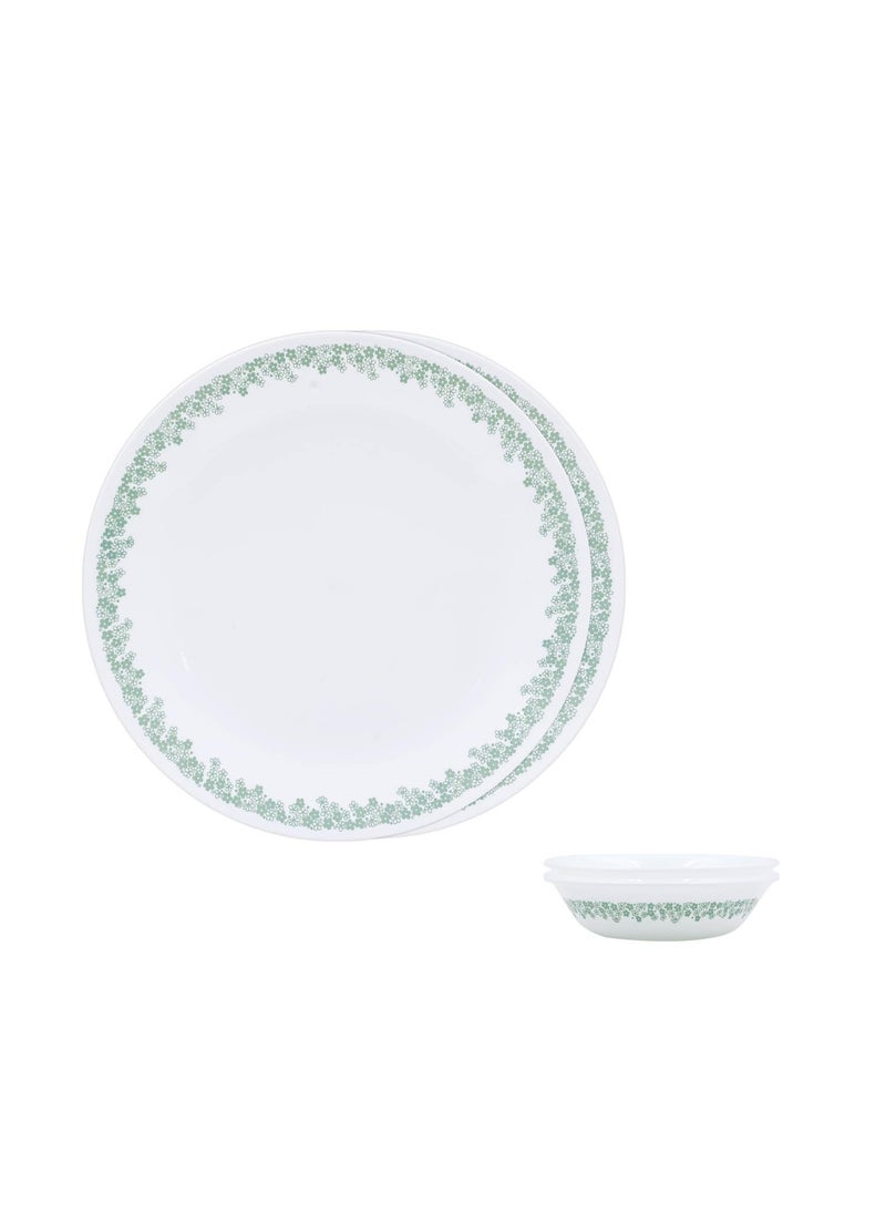 CORELLE Spring Blossom Mint - 4 Pcs Bachelor Set (VDB) | for Family of 2| Break & Chip Resistant | Lightweight & Durable | Microwave & Dishwasher Safe