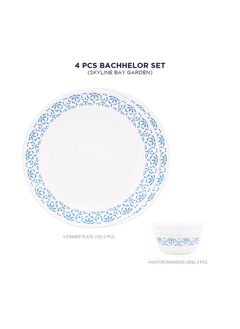 Corelle Skyline Bay Garden - 4 Pcs Bachelor Set (K) | for Family of 2| Break & Chip Resistant | Lightweight & Durable | Microwave & Dishwasher Safe