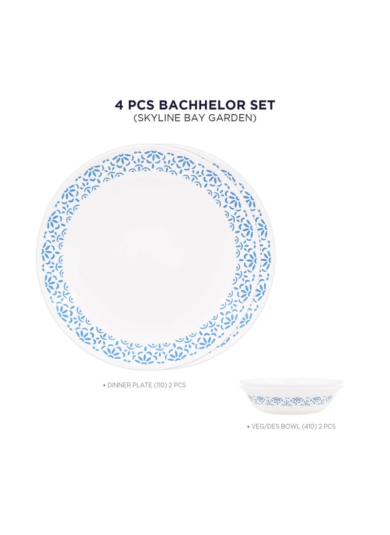 Corelle Skyline Bay Garden - 4 Pcs Bachelor Set (VDB) | for Family of 2| Break & Chip Resistant | Lightweight & Durable | Microwave & Dishwasher Safe