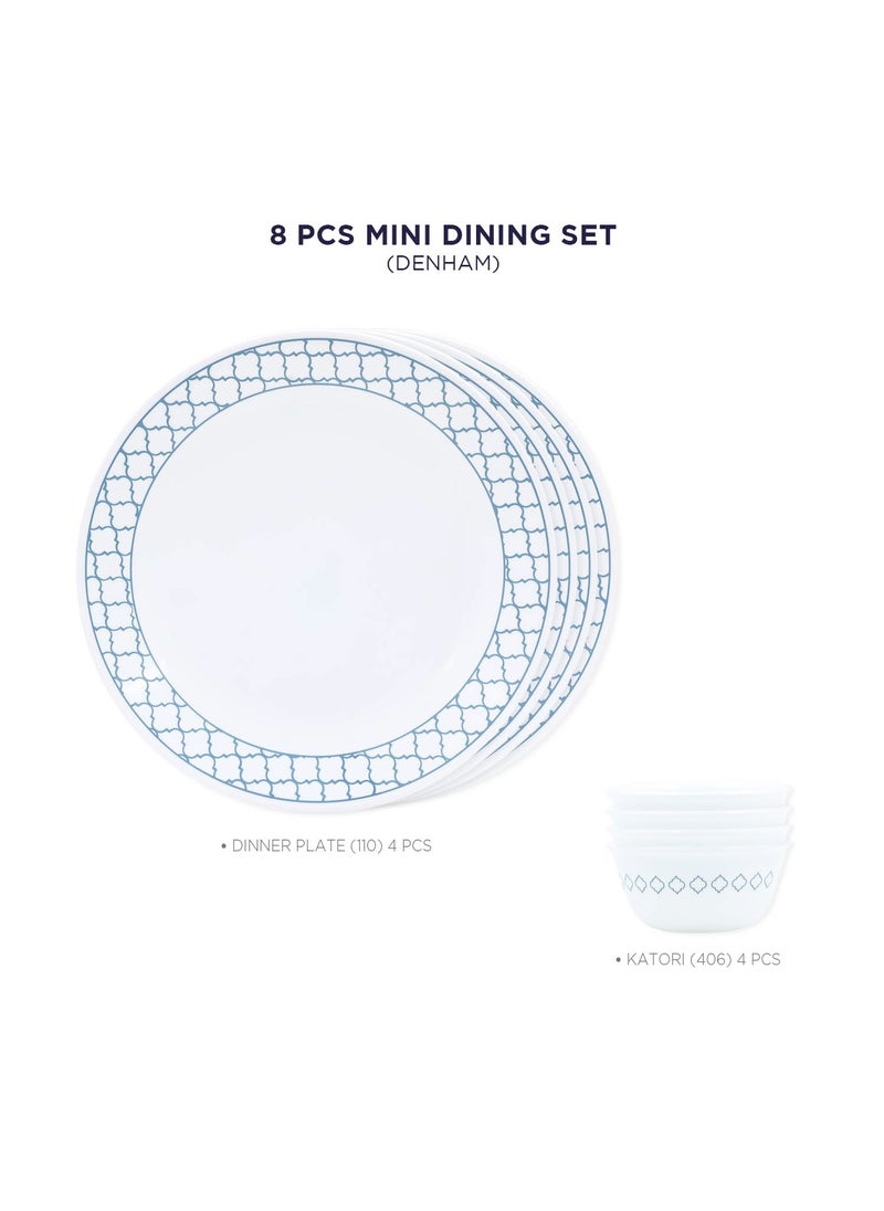 Corelle Denham Mini Dining Set (K) - 8 Pcs | for Family of 4 | Break & Chip Resistant |Lightweight & Durable | Microwave & Dishwasher Safe