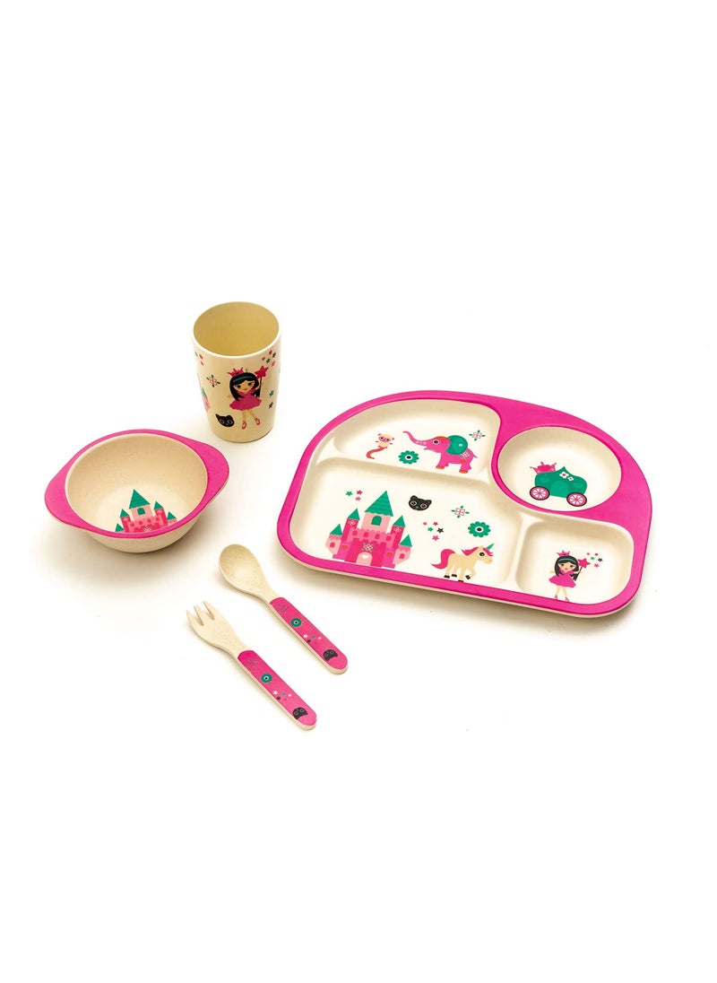 EZ Life 5 Piece Kids Meal Set - Cute Kingdom - Eco Friendly Bamboo Fibre-Plate-Bowl-Spoon-Fork and Cup-Pink and White Crockery Dinner Set, Dinnerware, Home Kitchen, Kids Dinner Plate, Serveware