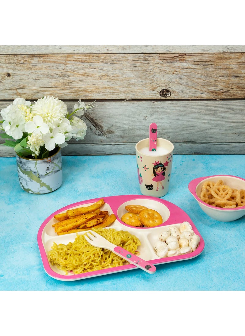 EZ Life 5 Piece Kids Meal Set - Cute Kingdom - Eco Friendly Bamboo Fibre-Plate-Bowl-Spoon-Fork and Cup-Pink and White Crockery Dinner Set, Dinnerware, Home Kitchen, Kids Dinner Plate, Serveware