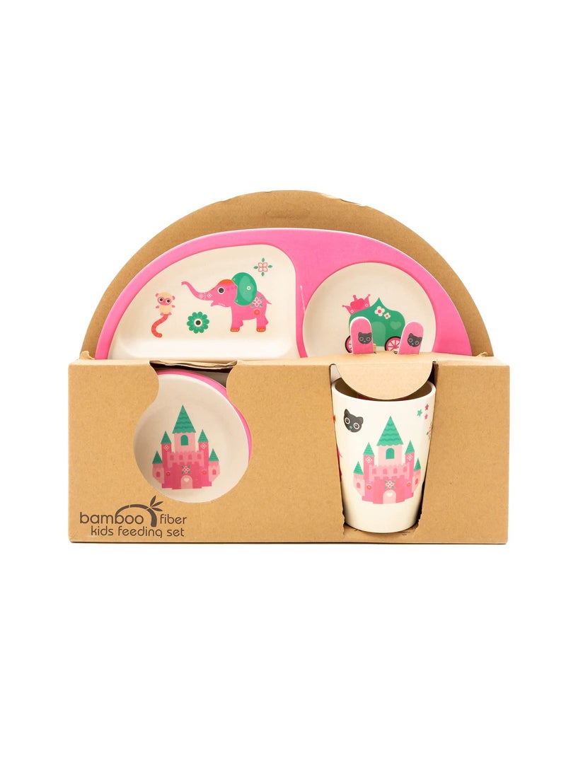 EZ Life 5 Piece Kids Meal Set - Cute Kingdom - Eco Friendly Bamboo Fibre-Plate-Bowl-Spoon-Fork and Cup-Pink and White Crockery Dinner Set, Dinnerware, Home Kitchen, Kids Dinner Plate, Serveware
