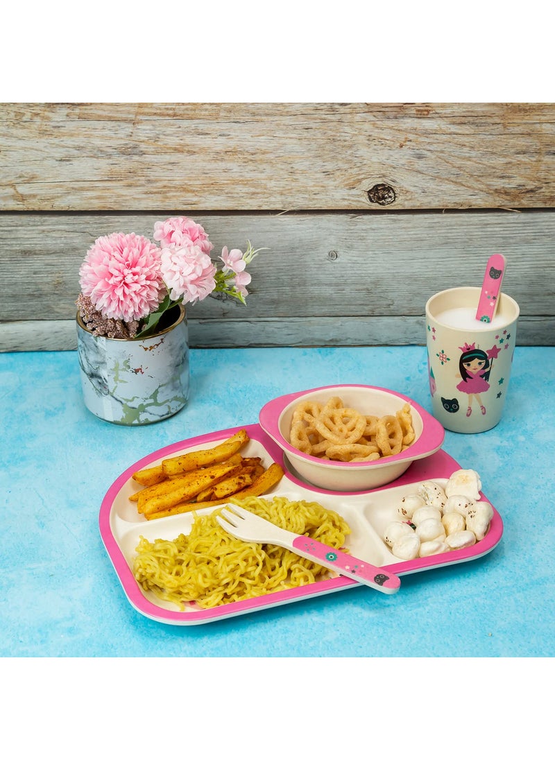 EZ Life 5 Piece Kids Meal Set - Cute Kingdom - Eco Friendly Bamboo Fibre-Plate-Bowl-Spoon-Fork and Cup-Pink and White Crockery Dinner Set, Dinnerware, Home Kitchen, Kids Dinner Plate, Serveware