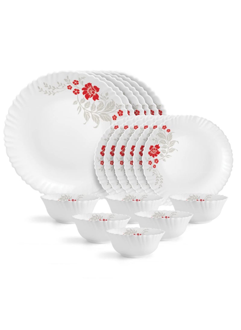 Cello Opalware Dazzle Series Scarlet Bliss Dinner Set, 18 Units | Opal Glass Dinner Set for 6 | Light-Weight, Daily Use Crockery Set for Dining | White Plate and Bowl Set
