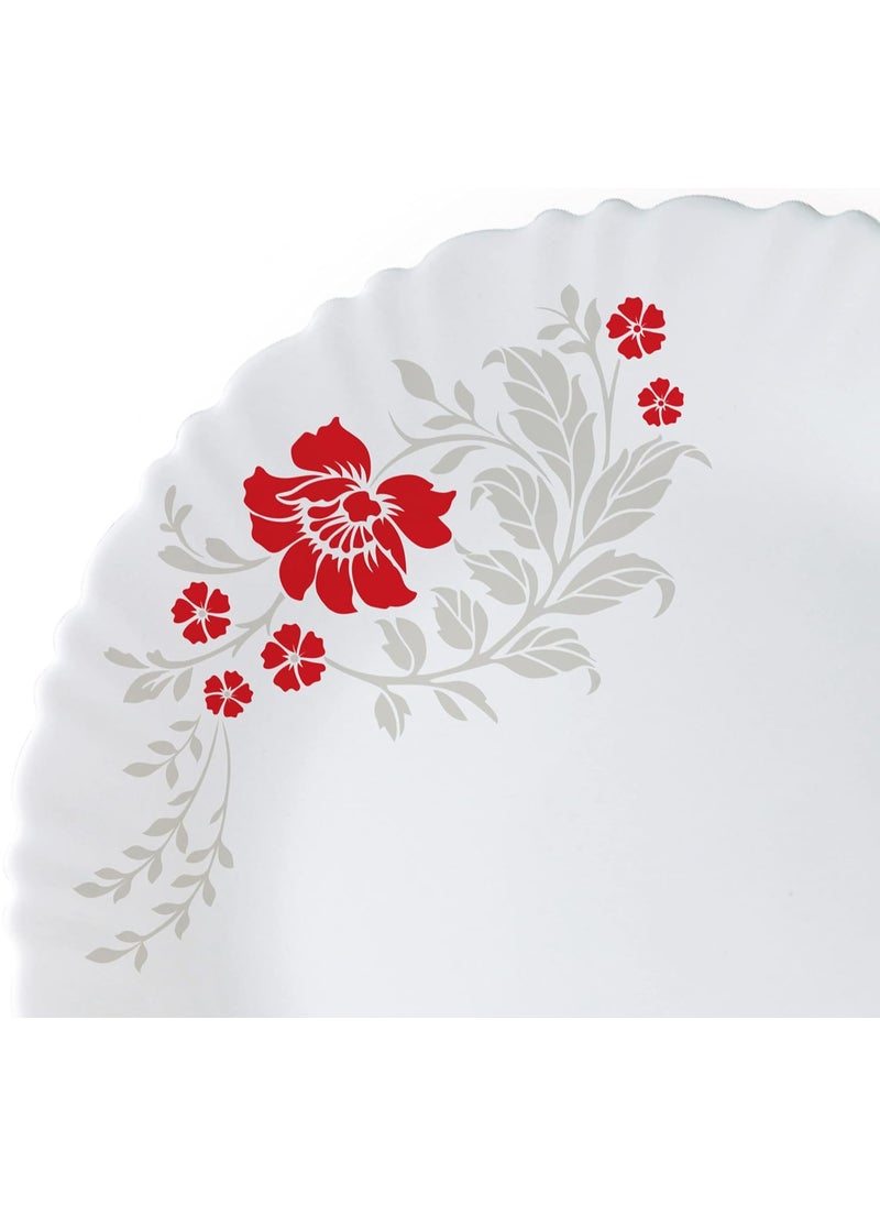 Cello Opalware Dazzle Series Scarlet Bliss Dinner Set, 18 Units | Opal Glass Dinner Set for 6 | Light-Weight, Daily Use Crockery Set for Dining | White Plate and Bowl Set