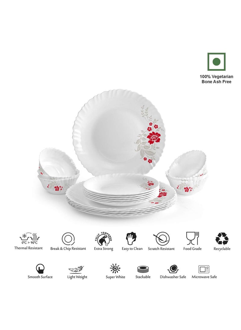 Cello Opalware Dazzle Series Scarlet Bliss Dinner Set, 18 Units | Opal Glass Dinner Set for 6 | Light-Weight, Daily Use Crockery Set for Dining | White Plate and Bowl Set