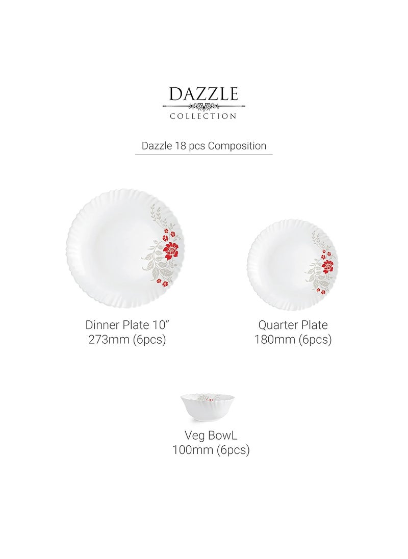 Cello Opalware Dazzle Series Scarlet Bliss Dinner Set, 18 Units | Opal Glass Dinner Set for 6 | Light-Weight, Daily Use Crockery Set for Dining | White Plate and Bowl Set