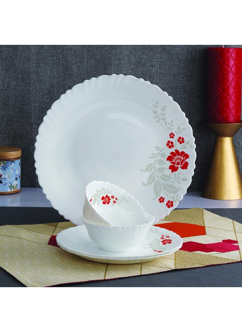 Cello Opalware Dazzle Series Scarlet Bliss Dinner Set, 18 Units | Opal Glass Dinner Set for 6 | Light-Weight, Daily Use Crockery Set for Dining | White Plate and Bowl Set