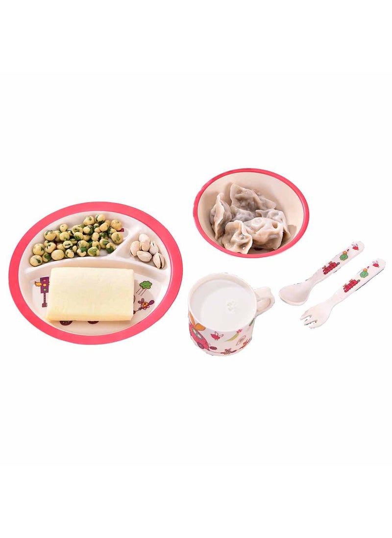 EZ Life 5 Pcs Kids Round Dining Set - Eco Friendly - Bamboo Fibre - Plate, Bowl, Spoon, Fork & Cup - Car - Red Crockery Dinner Set, Dinnerware, Home Kitchen, Kids Dinner Plate, Serveware