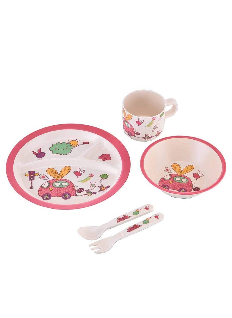 EZ Life 5 Pcs Kids Round Dining Set - Eco Friendly - Bamboo Fibre - Plate, Bowl, Spoon, Fork & Cup - Car - Red Crockery Dinner Set, Dinnerware, Home Kitchen, Kids Dinner Plate, Serveware