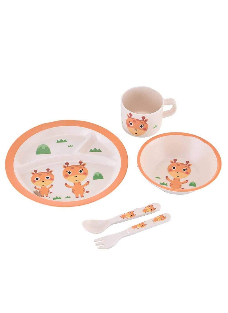 EZ Life 5 Pcs Kids Round Dining Set - Eco Friendly - Bamboo Fibre - Plate, Bowl, Spoon, Fork & Cup - Giraffee - Orange Crockery Dinner Set, Dinnerware, Home Kitchen, Kids Dinner Plate, Serveware
