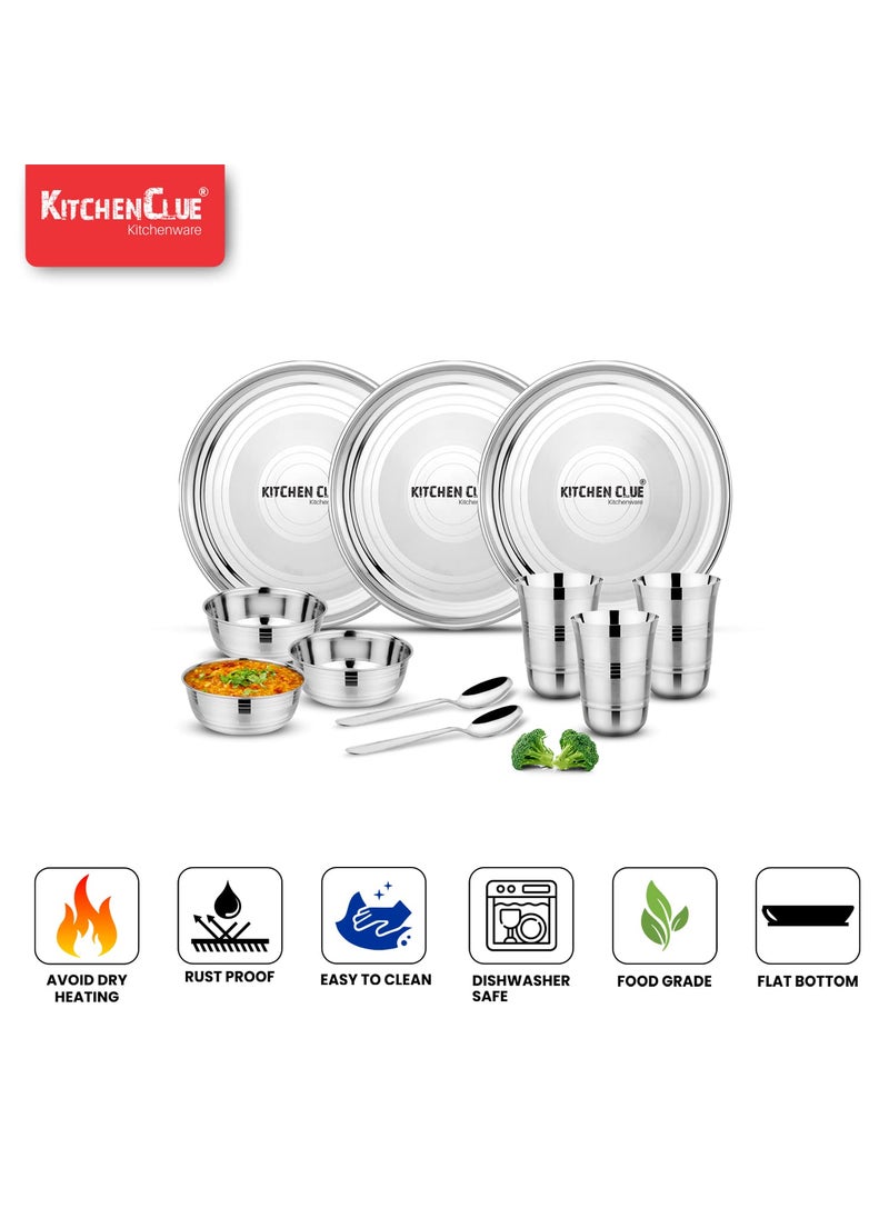 KITCHEN CLUE High Grade 202 Stainless Steel Dinner Set of 16 Pieces, Silver - Dinnerware Home Kitchen Set Includes Dinner Plates, Veg Bowls, Glasses, Cutlery Set