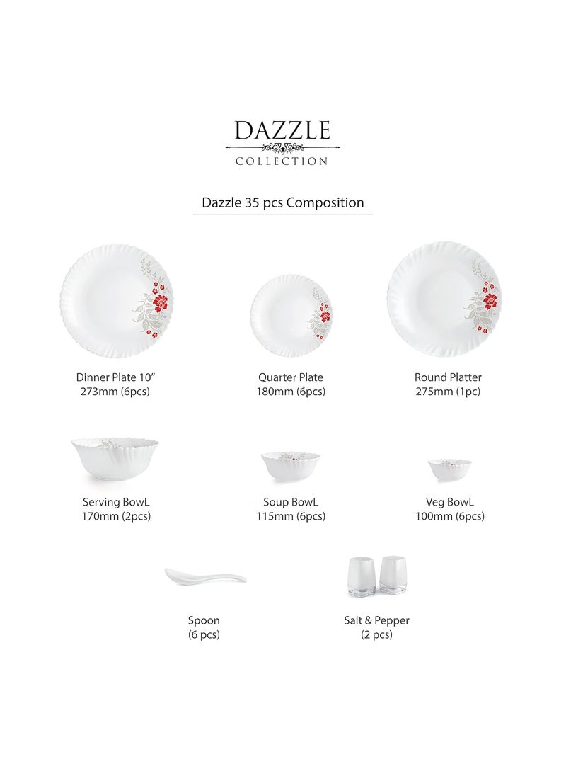 Cello Opalware Dazzle Series Scarlet Bliss Dinner Set, 35 Units | Opal Glass Dinner Set for 6 | Light-Weight, Daily Use Crockery Set for Dining | White Plate and Bowl Set